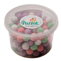 Clear container with pastel-colored candies and 'The Parrot Confectionery' logo on a white background