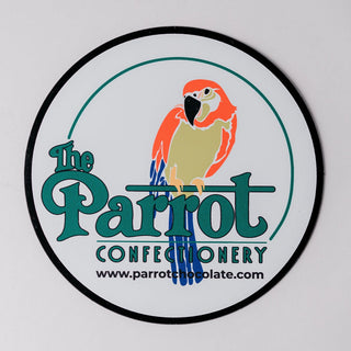 Two round stickers with 'The Parrot Confectionery' logo on a white background