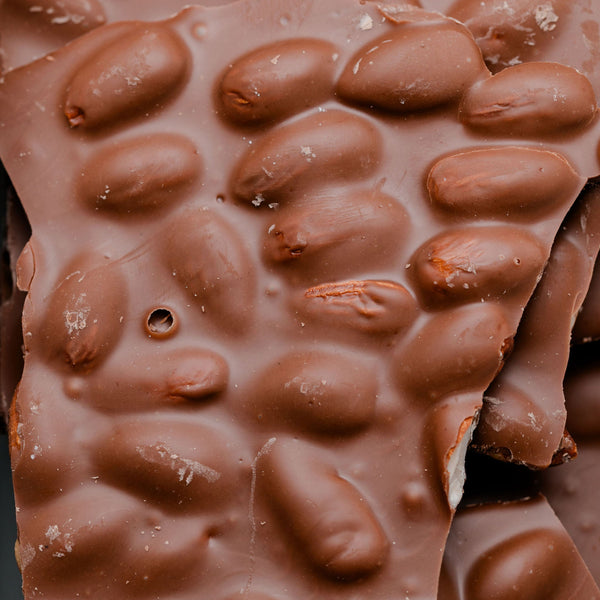 Close-up of a chocolate bar with peanut pieces
