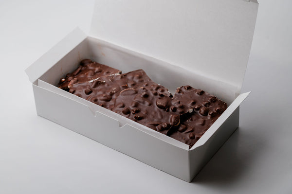 Chocolate bars in a white box on a light gray background