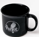 Black mug with 'The Parrot Confectionery' logo on a white background