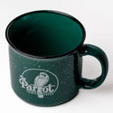 Green mug with a logo on a white background