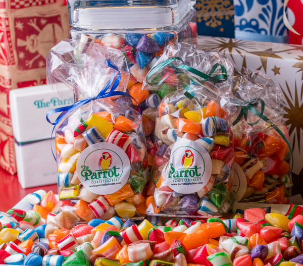 Colorful candy assortment with Parrot Confectionery packaging on a festive background.