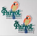 Two stickers of 'The Parrot Confectionery' with parrot illustrations on a white background.