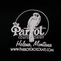 Logo of The Parrot Confectionery with a parrot illustration on a black background