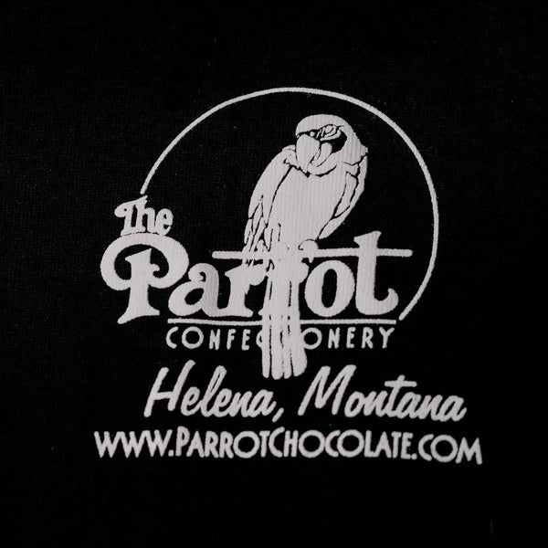 Logo of The Parrot Confectionery with a parrot illustration on a black background
