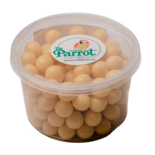 Clear container filled with round beige candy, branded 'The Parrot Company' on a white background